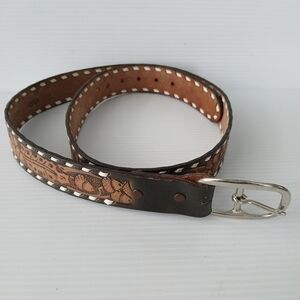 Tooled Acorn Oak Leaf Leather Belt Size 40